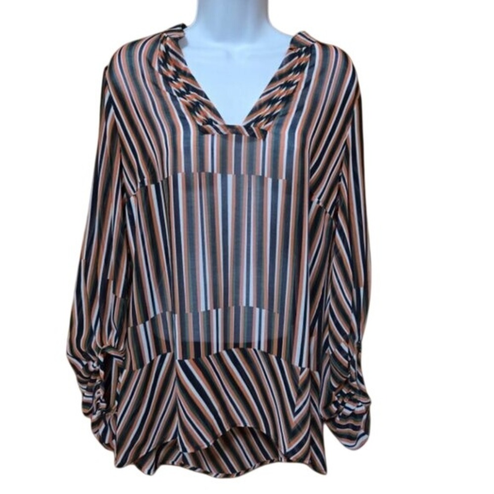 Cabi Multi Color Striped V-Neck Sheer Blouse Orange Green Black Small
